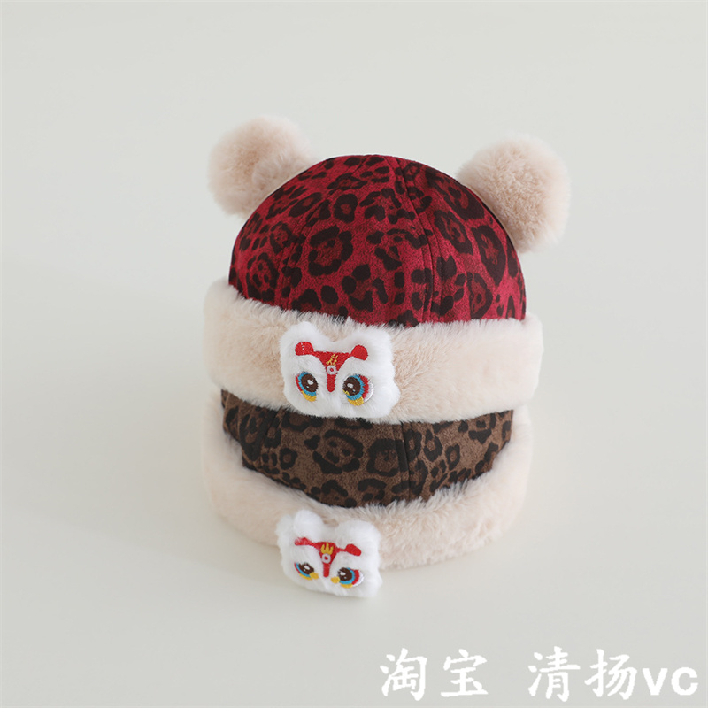 洋气宝宝地主帽冬季保暖豹纹小童帽子喜庆穿搭新年女孩男童瓜皮帽
