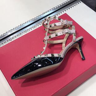 铆钉高跟鞋女细跟漆皮三环绑带浅口单鞋尖头柳丁凉鞋