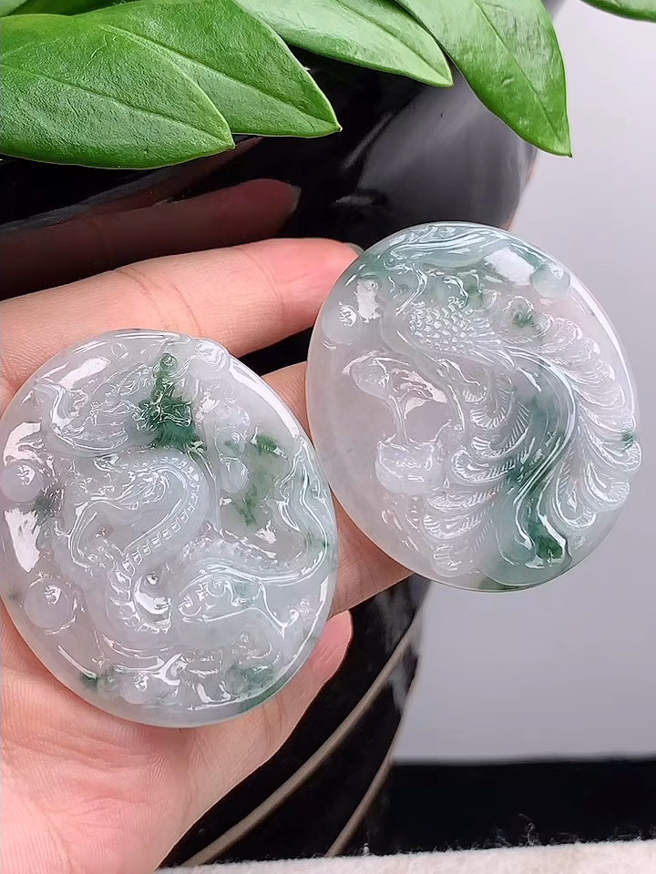 挂件玉坠珠宝缅甸天然a翡翠老坑冰润飘花龙凤牌龙凤呈祥吊坠一对