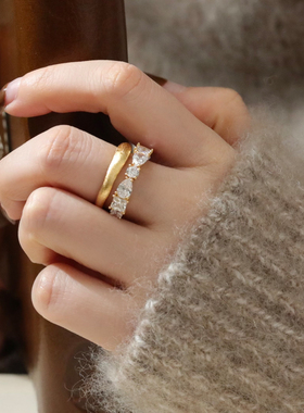 拉丝钻石锆钻蝴蝶结叠戴双层戒指女轻奢高级感指环开口可调节