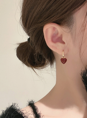 绝美酒红双面爱心耳环女秋冬小众设计感红色耳饰耳钉耳扣气质耳坠