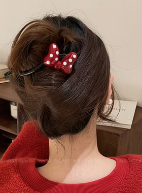 可爱红色蝴蝶结扭夹一字发夹女后脑勺高级感扭扭夹子盘发头饰发绳