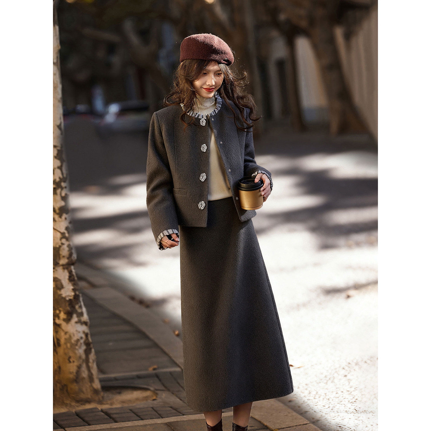 苏醒的乐园90白鸭绒冬季小香风羽绒服夹克外套A字长款半裙套装