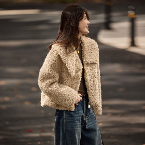 苏醒的乐园冬季时尚复古风休闲毛绒大翻领显瘦仿羊羔毛皮草外套