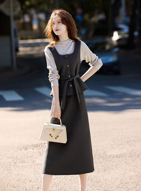 苏醒的乐园名媛套装秋冬时尚气质针织套头衫慵懒马甲半裙三件套