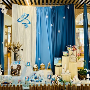 冬天幼儿园环创自然角秋冬场景布置立冬装饰挂布蓝色背景布幔纱幔
