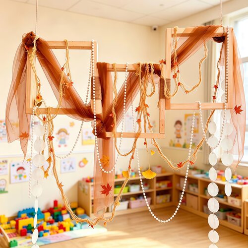 幼儿园创意木画框吊饰秋天自然角美工区造景挂饰焦糖黄色纱幔装饰
