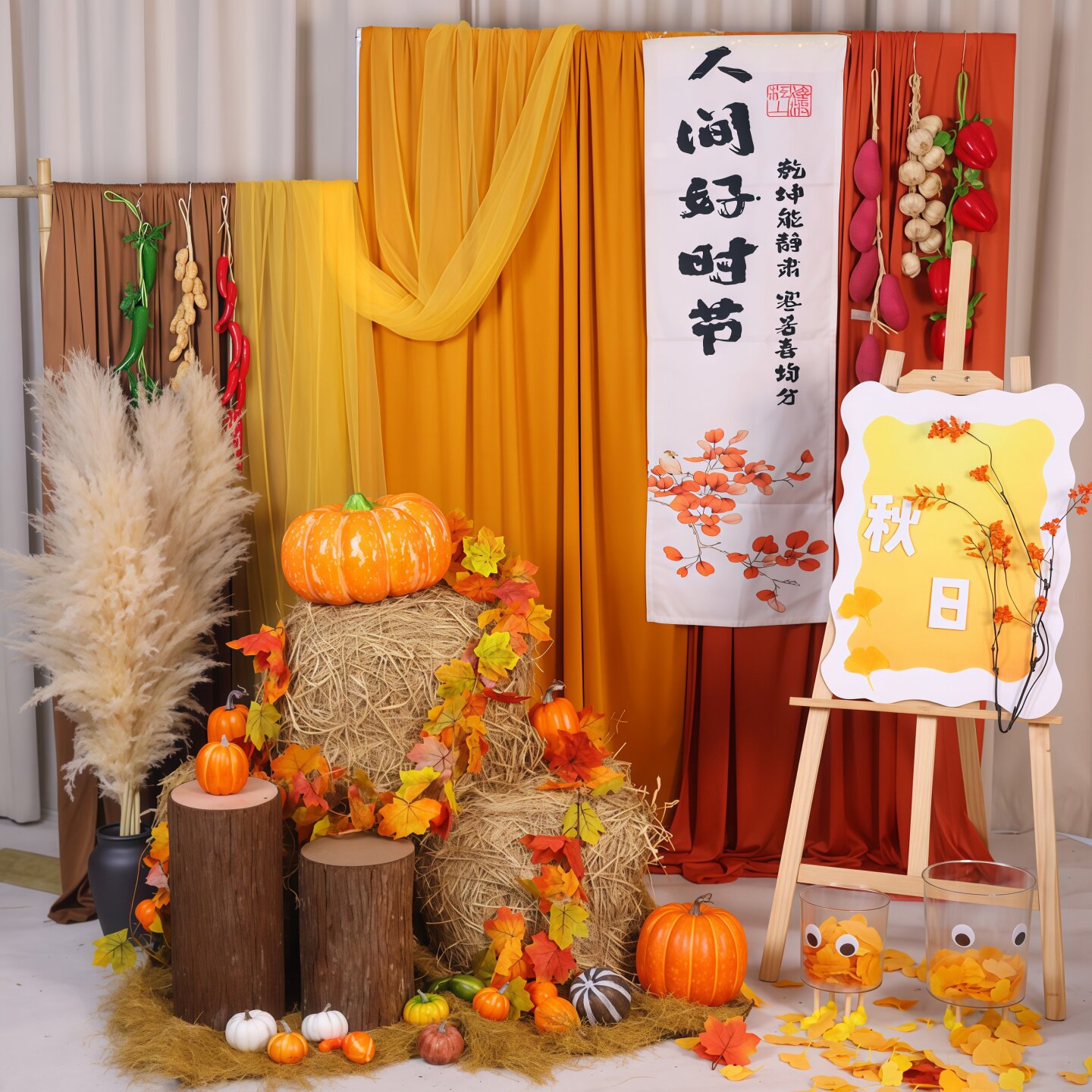 秋季幼儿园环创美拉德色系布幔晒秋氛围装饰背景布丰收节场景挂布