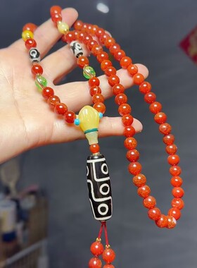 天然红玛瑙天珠流苏毛衣链女款