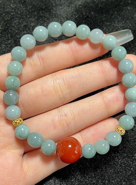 天然蓝水翡翠配红玛瑙圆珠手串