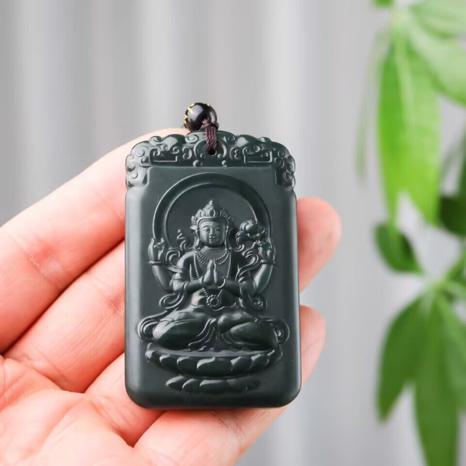 天然和田玉青玉千手吊坠小众设计男款双面雕刻佛像玉石挂件饰品
