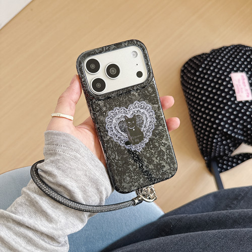 DanDan 适用iPhone17promax手机壳韩系ins风闪闪黑色蕾丝爱心猫16pro双层imd15p/pm小众高级感防摔保护壳