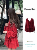 显白红色套装 蛋糕裙2025新款 荷叶边系带V领花边高级感裙子两件套