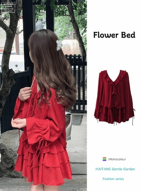 显白红色套装蛋糕裙2025新款荷叶边系带V领花边高级感裙子两件套