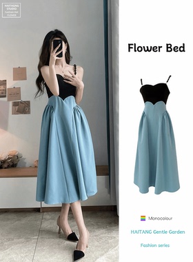 小众设计高级感拼接撞色露背吊带连衣裙女夏季赫本风收腰显瘦裙子