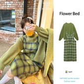 秋冬新款 茶系穿搭减龄高级感轻熟毛衣牛油果开衫 格子背带裙两件套