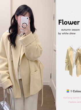 冬季加厚保暖黄色毛呢外套女设计感小个子宽松双面呢子大衣高级感