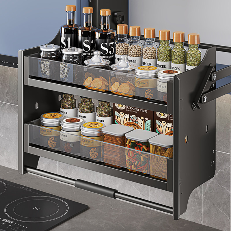 厨房吊柜升降拉篮橱柜上下缓冲开门式调味篮下拉式高柜厨柜调料架