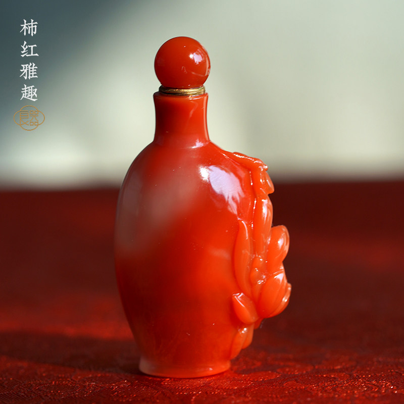 良器艺术丨四川南红柿子红巧雕鼻烟壶 南红手把件