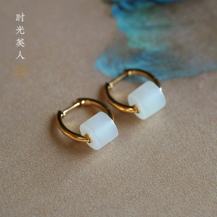 良器艺术  时光美人 和田玉耳饰金镶玉白玉耳环路路通筒珠女款
