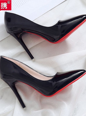 2025新款大码漆皮裸色高跟鞋女超细跟尖头性感10cm12cm酒红色单鞋