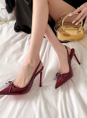 超美呀！尖头气质红色高跟鞋女通勤细跟蝴蝶结高级感漆皮百搭单鞋