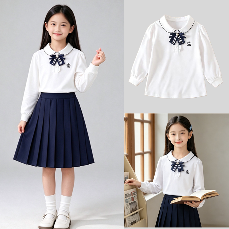 女童学院风蝴蝶结领长袖T恤校服