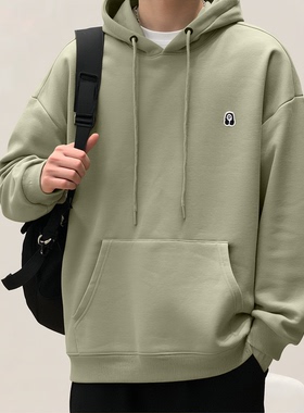 浅绿色加绒款男士美式风连帽480高克重重磅刺绣素色卫衣外套6517