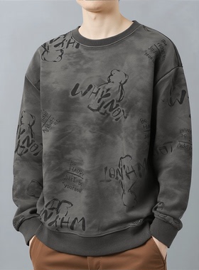 做旧水洗感卡通美式复古风宽松廓型潮男圆领卫衣男生穿搭上衣8715