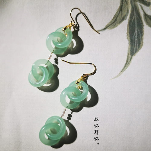 玉连环耳环碧玉色耳坠无耳洞耳夹