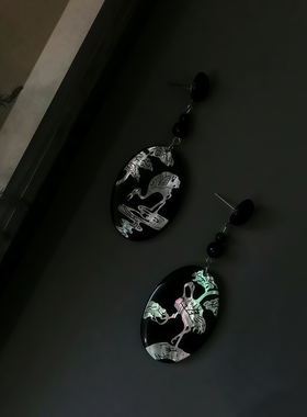 非遗螺钿耳环天然雕刻蝶贝耳坠黑色椭圆形夸张大耳钉原创设计耳饰