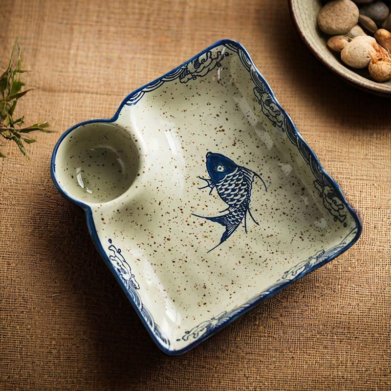 日式复古家用陶瓷盘子吃饺子盘带醋碟蘸碟碟子水饺专用盘碟中式带