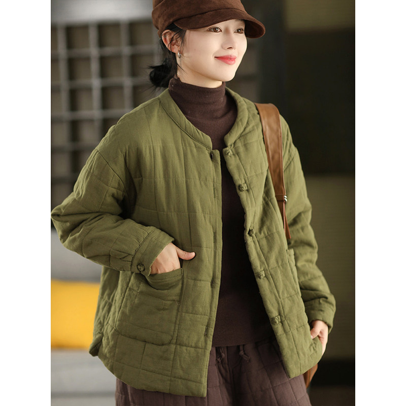 柒白秋冬新中式盘扣方格绗线棉服