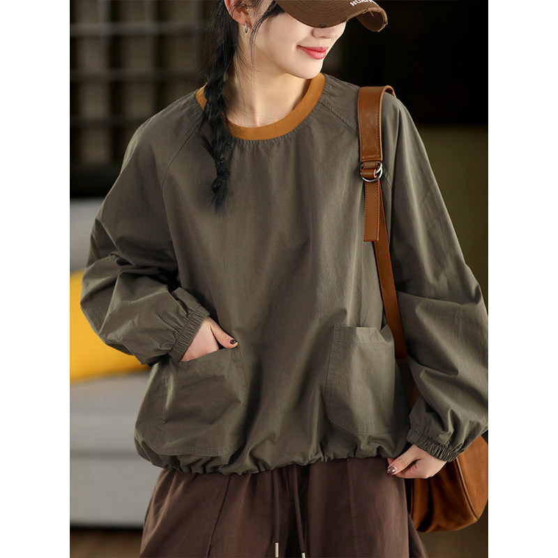 柒白2026春季新款简约休闲高档全棉拼色卫衣慵懒宽松抽绳摆套头衫