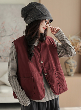 柒白2025秋冬新款简约文艺高档全棉叠穿夹棉马甲气质通勤宽松坎肩