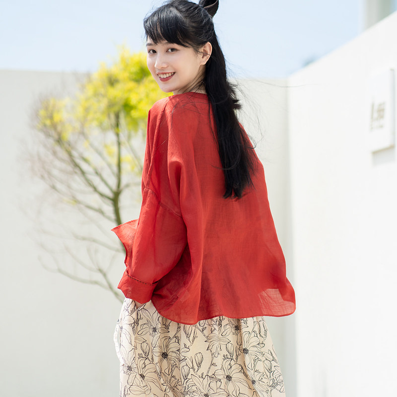 柒白防晒衣女款夏装2025年新款苎麻春日衬衫手绣系带宽松外搭开衫