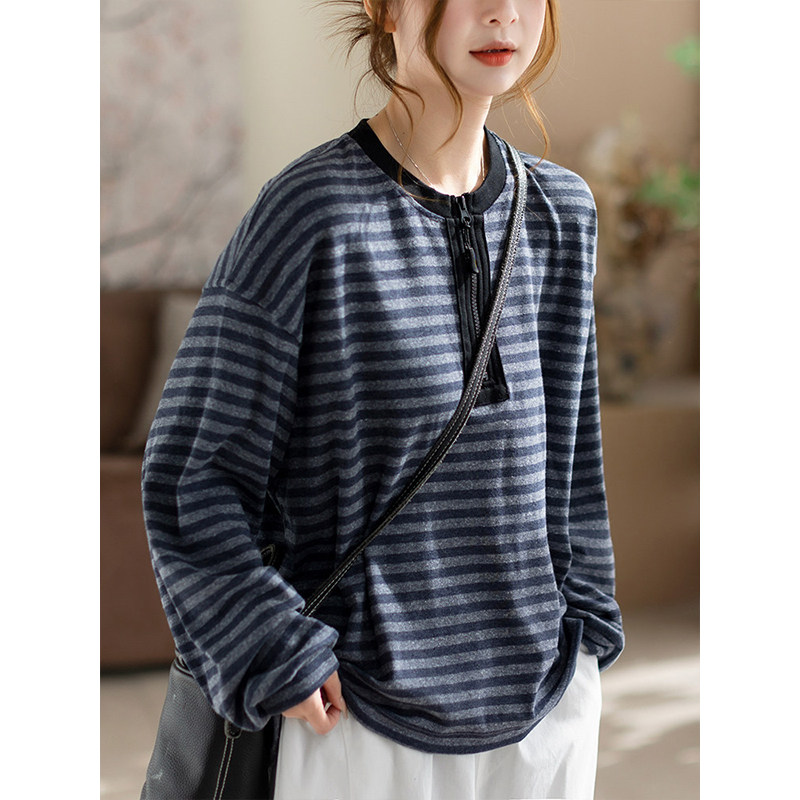 柒白2026春季新款简约条纹高档棉质宽松套头衫女休闲通勤显瘦上衣