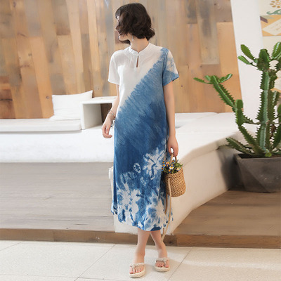 柒白原创手工扎染渐变棉麻连衣裙