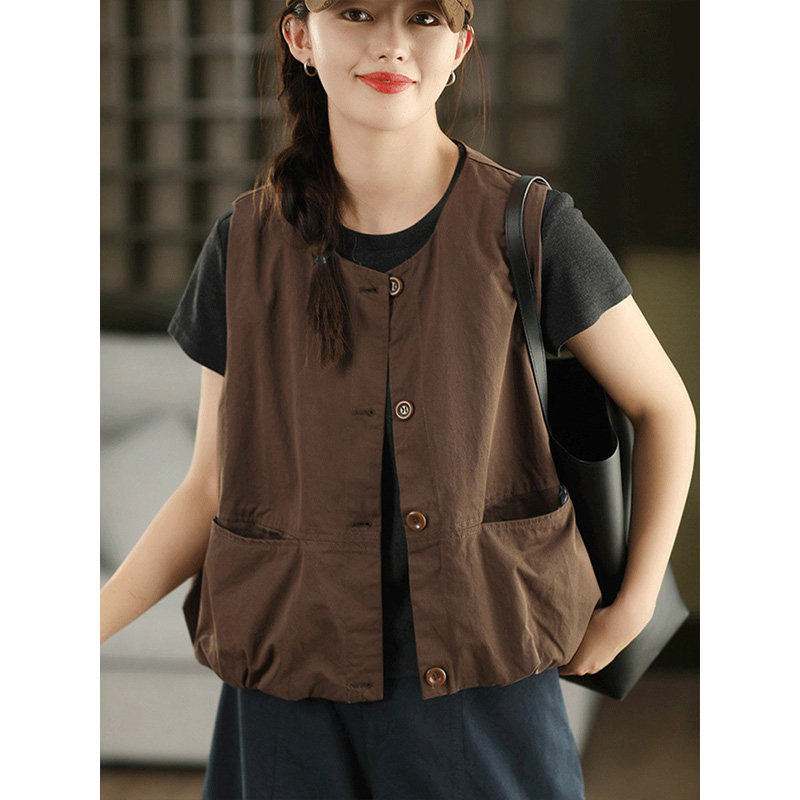 柒白2026春季新款日系文艺高密全棉叠穿马甲宽松休闲工装坎肩开衫