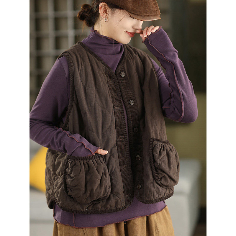 柒白2025秋冬新款复古文艺条绒拼接夹棉马甲慵懒宽松叠穿外搭开衫