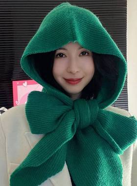 多种戴法加长加大一体围巾帽针织保暖连帽披肩外搭新款绿色毛线帽