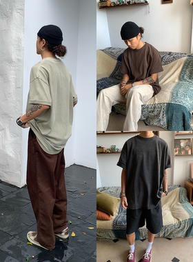 RonnShop日系街头复古水洗做旧小领口320g重磅纯色T恤vintage