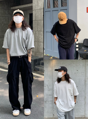 RonnShop日系休闲纯棉宽松三本针重磅320g纯色抽绳cityboy短袖T恤