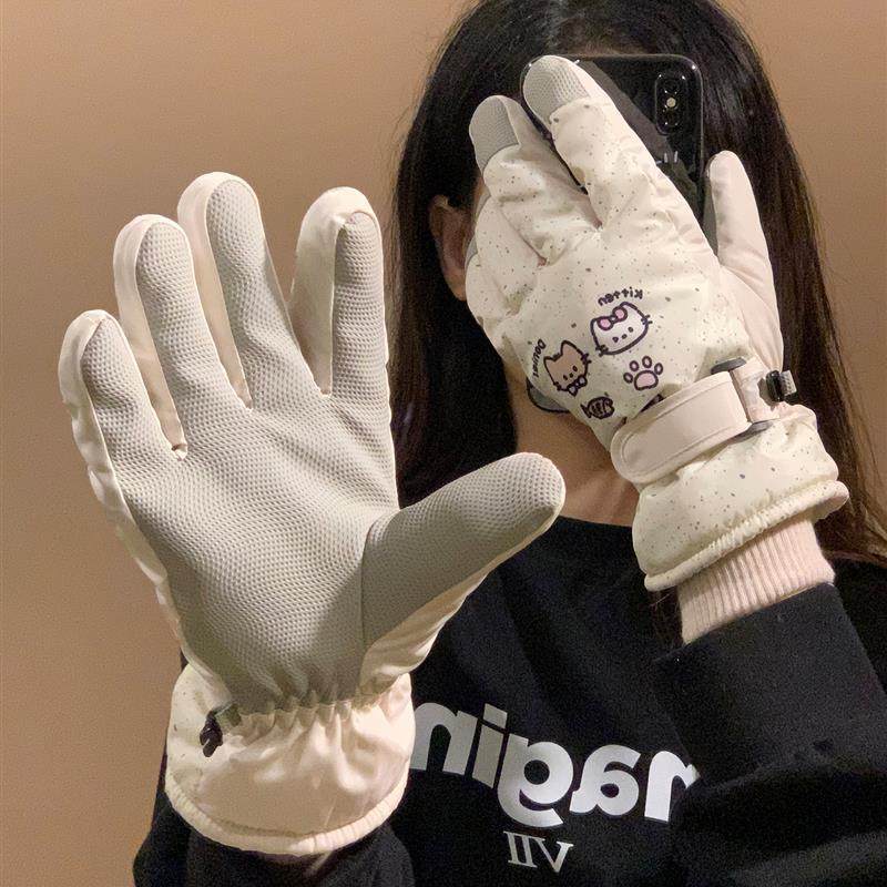 可爱卡通猫咪滑雪手套女冬季加绒