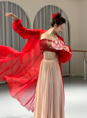 新国风舞蹈服仙气飘逸中国古风大摆古典舞蹈服开衫红色纱衣演出服