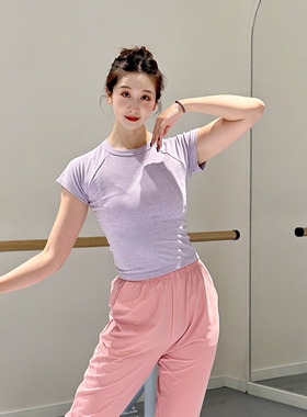 短款现代舞蹈服女紫色短袖修身形体训练服专业舞蹈练功服T恤学生