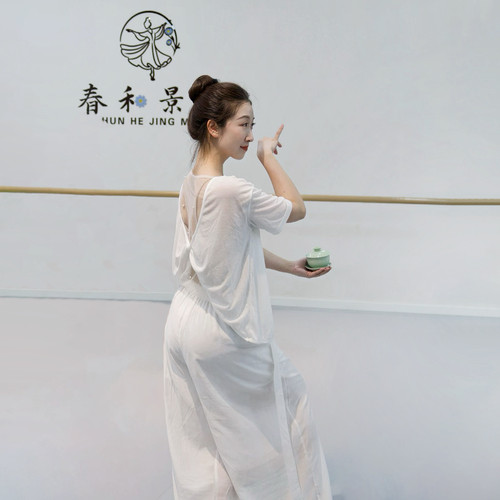 前后两穿钉珠网纱舞蹈上衣短袖