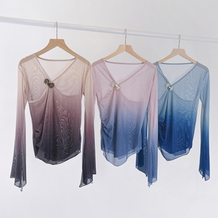 修身显瘦喇叭袖渐变网纱衣古典舞形体服中国舞蹈服学生艺考练功服