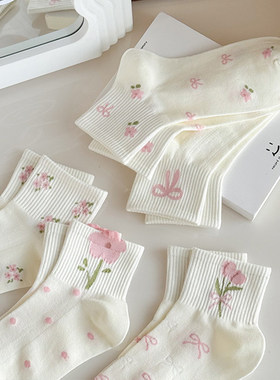 白色袜子女夏季薄款短袜ins潮可爱日系夏天少女粉色蝴蝶结中筒袜