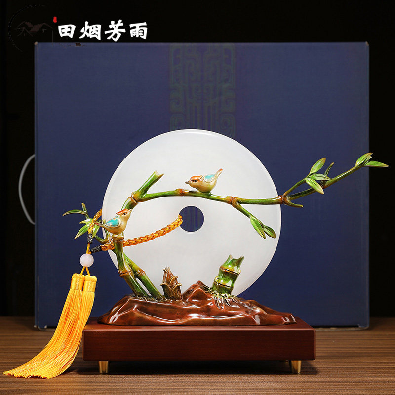 竹报平安玉石平安扣摆件黄铜客厅电视柜玄关装饰乔迁新居入宅礼物